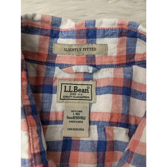 LL Bean Shirt Mens Large L Blue White Button Up Plaid Linen Slightly Fitted Casu - Picture 3 of 5